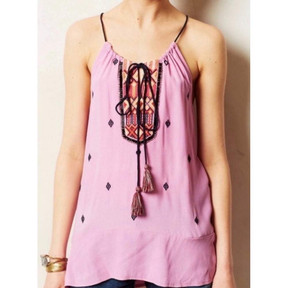 Anthropologie Vanessa & Virginia Embroidered Pink Sleeveless Top M